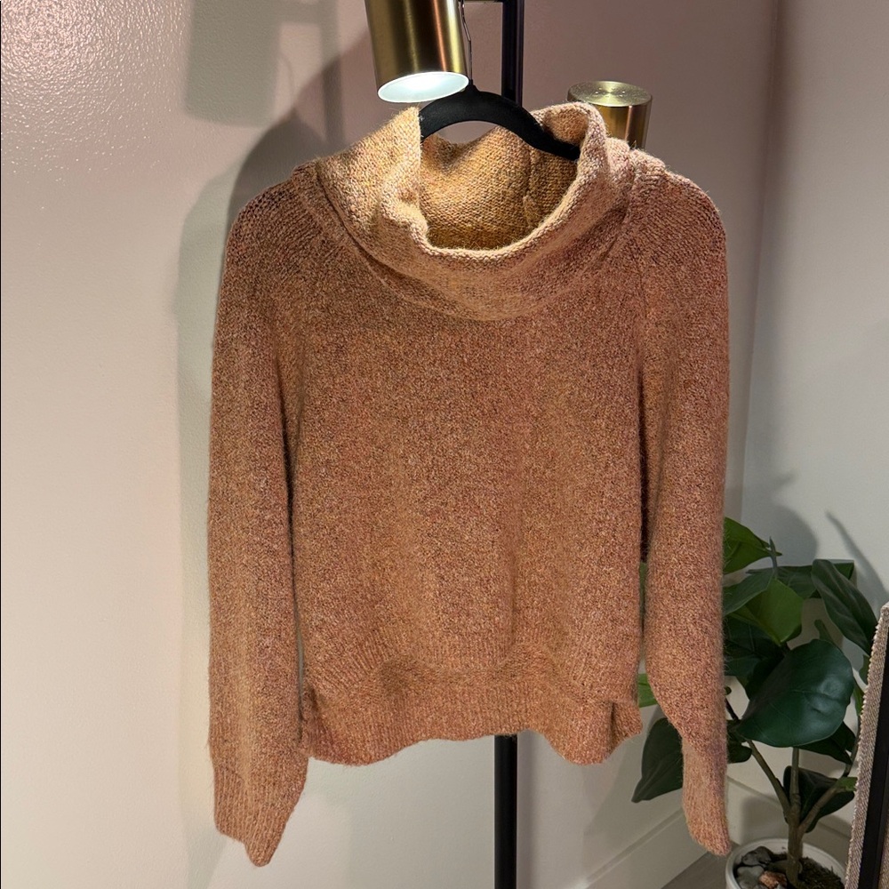 Spring layers heathered peach wool blend Sincerely Jules cowl neck sweater